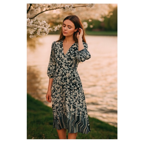 DOROTHY SCHUMACHER Blooming Love Midi Dress Silk Floral Blue White Small NWT - Picture 2 of 16